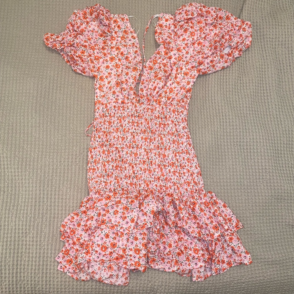 Pink Floral Smocked Mini Dress with Puff Sleeves